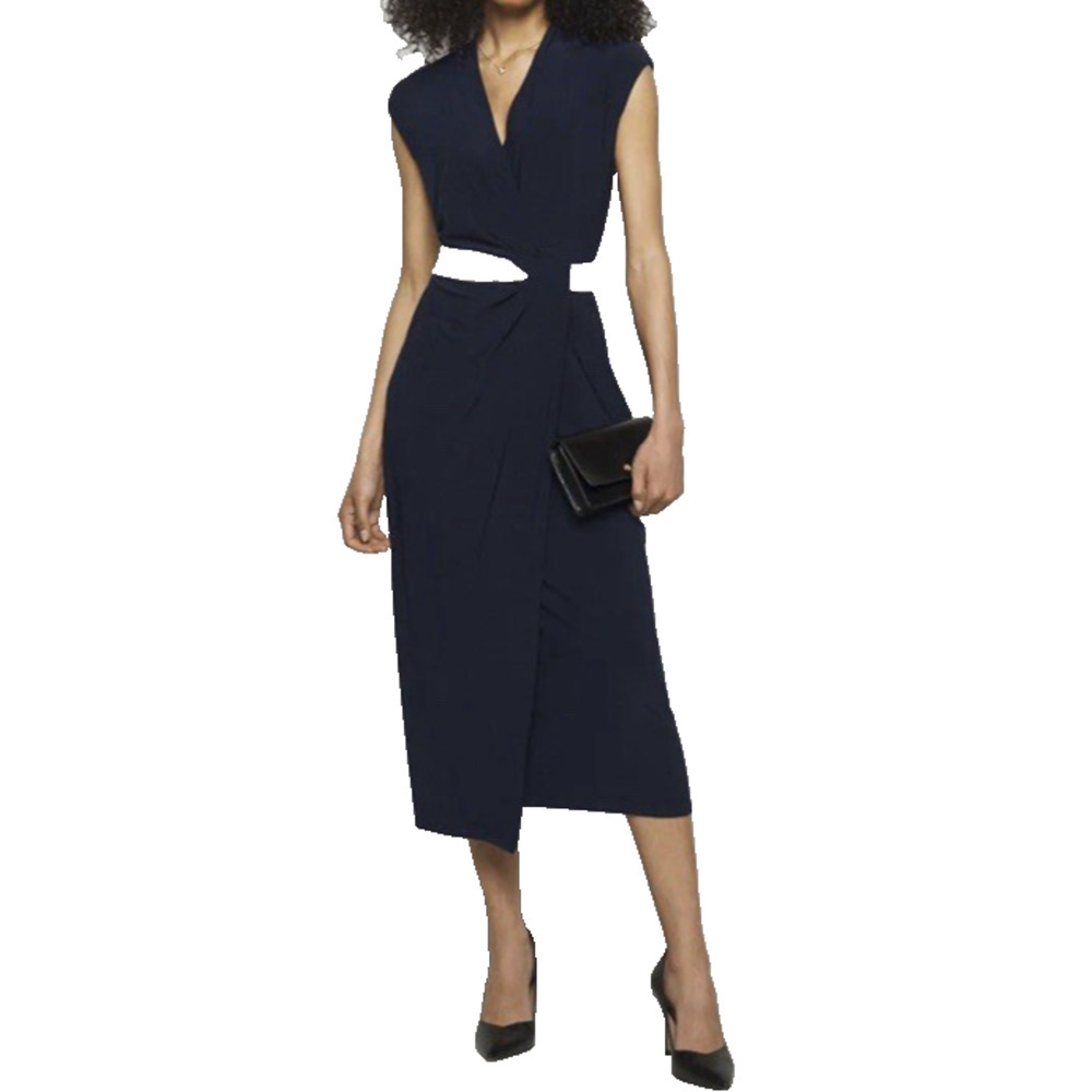 Lauren Ralph Lauren Black Label Navy White Jersey Knit Belt Midi Dress Women's